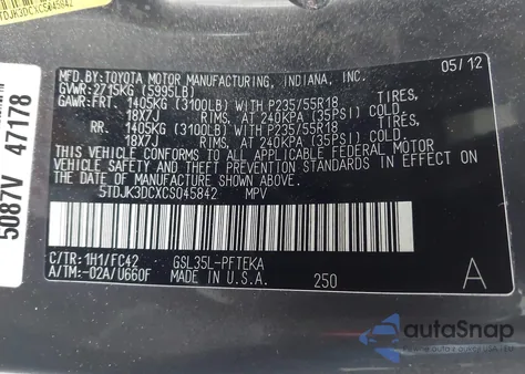 2012 Toyota Sienna Le 7 Passenger from USA, damaged, VIN 5TDJK3DCXCS045842